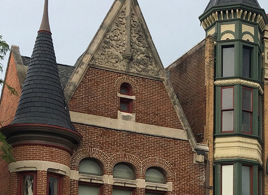 Celina, OH - Closeup View of Old Brick Buildings in Downtown Celina Ohio Against a Grey Sky